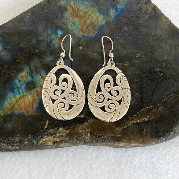 Solid Sterling Silver 925 Thailand Open Scrollwork Teardrop Dangle Drop Earrings - Picture 8 of 16